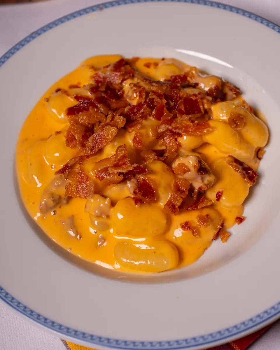 Gnocco con salsiccia, cheddar e bacon
